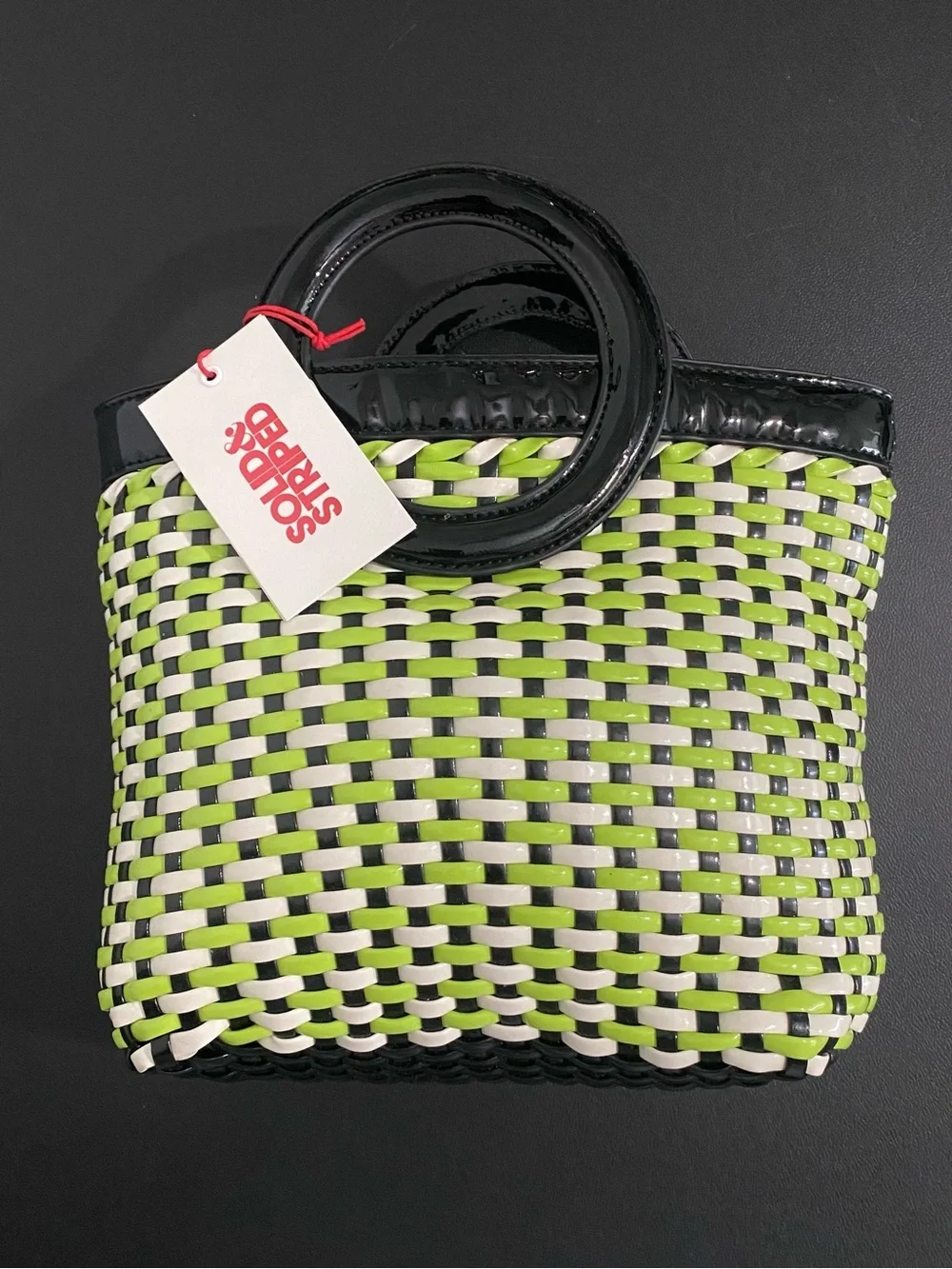New SOLID & STRIPED REVOLVE Woven Black White Green Handbag Tote